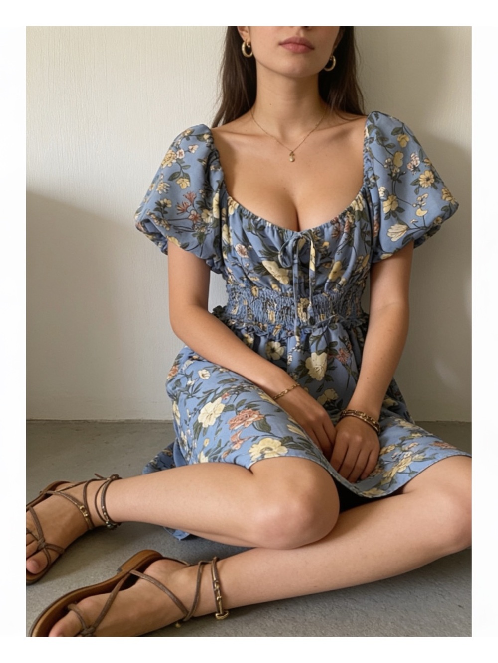 Blue floral print puff-sleeve smocked waist mini dress by Inspired Hearts